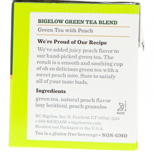 Bigelow, Зеленый чай с персиком, 20 чайных пакетиков, 0,91 унции (25 г)