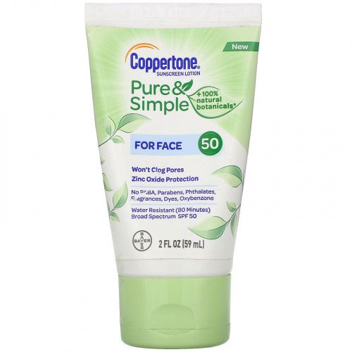 Coppertone, Pure & Simple, Sunscreen Lotion, For Face, SPF 50, 2 fl oz (59 ml)
