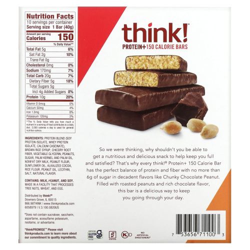 Think Thin, Батончик с протеином и клетчаткой, шоколад и арахис, 10 батончиков, 1,41 унц. (40 г) каждый