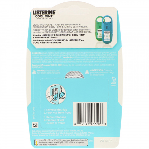 Johnson's Baby, Listerine, Pocketpaks, охлаждающая мята, 3 упаковки, по 24 полоски в каждой