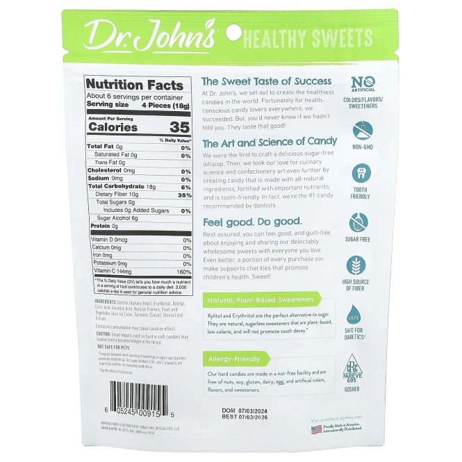 Dr. John's Healthy Sweets, лимонные леденцы, с клетчаткой и витамином C, без сахара, 109 г (3,85 унции)
