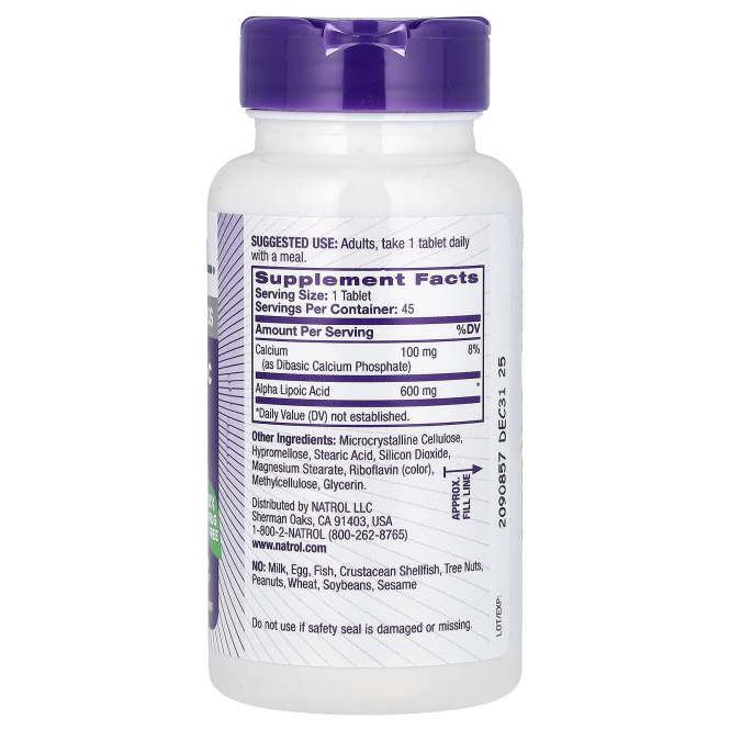 Natrol, Альфа-липоевая кислота, медленное высвобождение, 600 мг, 45 таблеток