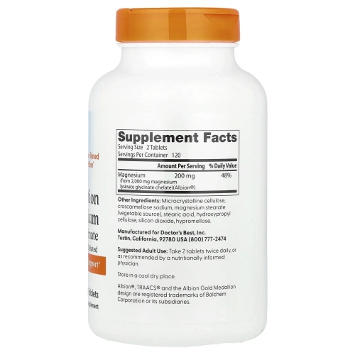 Магний Хелат Doctor's Best Magnezium 100% Chelated легкоусвояемый с альбионными минералами (100 мг), 240 таблеток