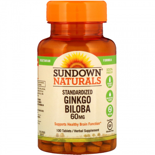 Sundown Naturals, Стандартизованный экстракт листьев гинко билоба, 60 мг, 100 таблеток