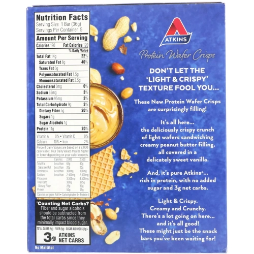 Atkins, Протеиновые вафли, арахисовая паста, 5 шт., 36 г каждая