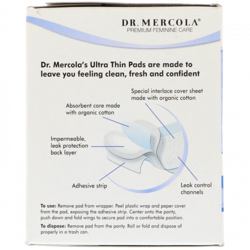 Dr. Mercola, Органические ультратонкие ватные прокладки, ночные с крылышками, 10 прокладок