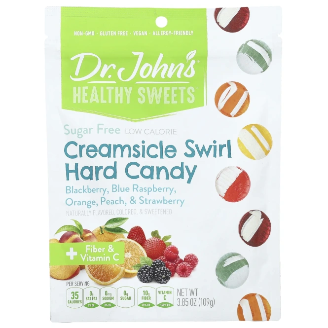 Dr. John's Healthy Sweets, Creamsicle Swirl, карамель, ежевика, голубая малина, апельсин, персик и клубника, без сахара, 109 г (3,85 унции)