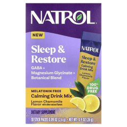 Natrol, Sleep & Restore, успокаивающая смесь для напитков, без мелатонина, лимон и ромашка, 10 пакетиков по 2,6 г (0,09 унции)