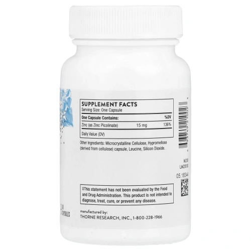 Thorne Research Пиколинат цинка 15 мг, Zinc Picolinate 15 mg, 60 капсул