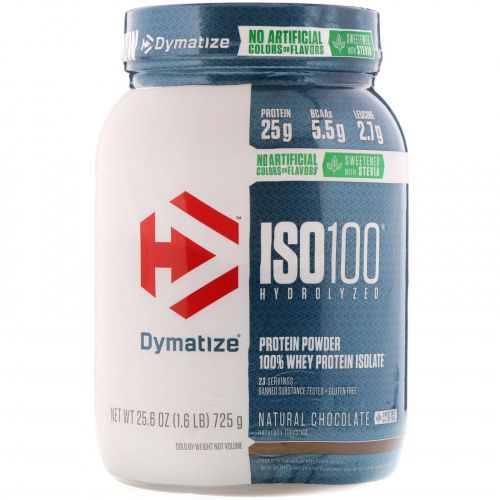 Dymatize Nutrition, ISO100 гидролизованный, 100% изолят сывороточного протеина, натуральный шоколадный вкус, 25,6 унц. (725 г)