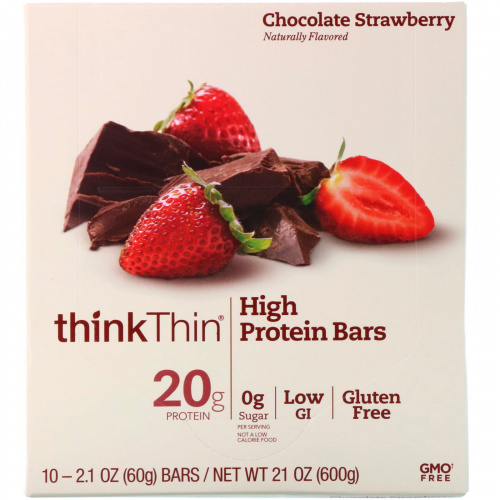 Think Thin, Батончики с высоким содержанием белка, шоколад и клбника, 10 батончиков, 2,1 унции (60 г) каждый