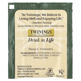 Twinings, Ароматизированный травяной чай, перечная мята и сливочная ваниль, без кофеина, 20 чайных пакетиков, 40 г (1,41 унции)
