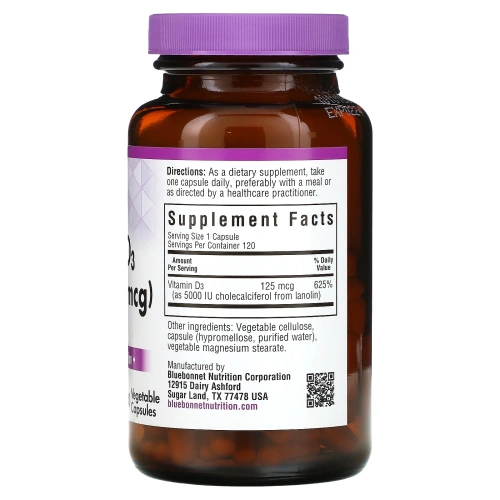 Bluebonnet Nutrition, Витамин D3, 5000 МЕ, 120 капсул в растительной оболочке