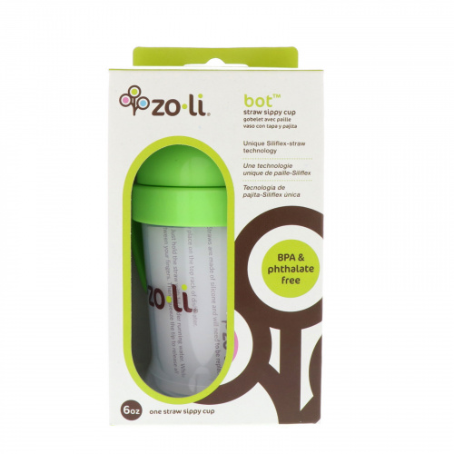 Zoli, Bot, кружка-непроливайка с соломинкой, зеленая, 6 унций