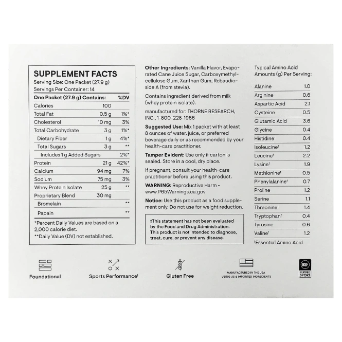 Thorne, Изолят сывороточного протеина, ваниль, 14 пакетиков по 27,9 г (0,98 унции)