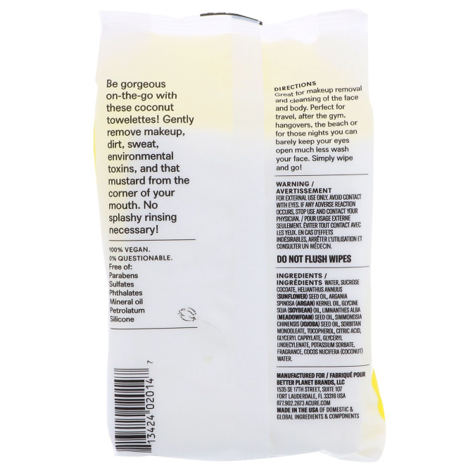 Acure, Сверкающие, кокосовые очищающие салфетки, 30 шт.