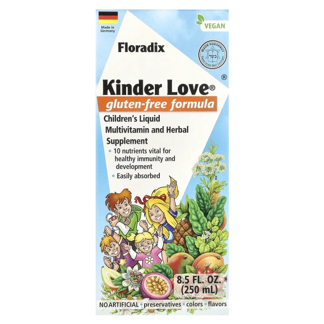 Floradix, Floradix, Kinder Love, жидкая мультивитаминная и травяная добавка для детей, без глютена, 250 мл (8,5 жидк. унц.)