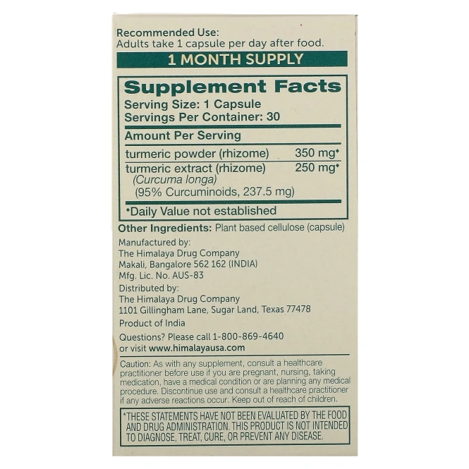 Himalaya, Turmeric 95 с куркумином для поддержки суставов, 30 растительных капсул