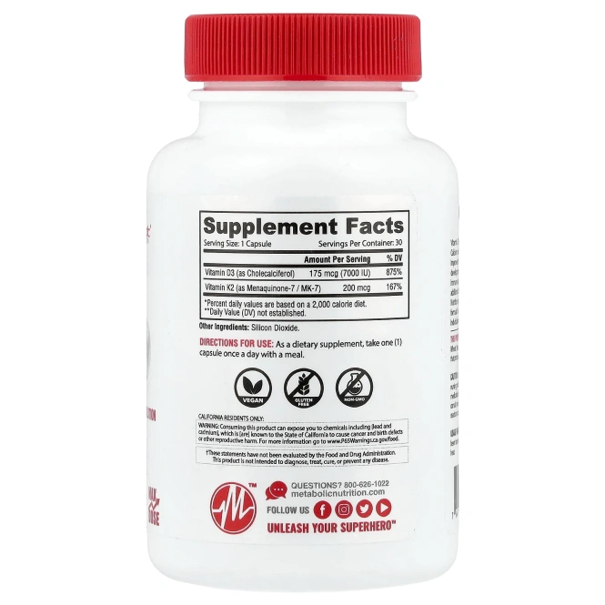 Metabolic Nutrition, витамины D3 и К2, 30 капсул