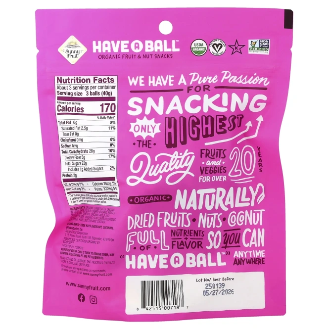 Sunny Fruit, Есть A Ball™, органические снеки с фруктами и орехами, вишня и фундук, 126 г (4,4 унции)
