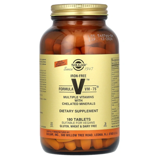 Solgar, Formula VM-75, комплексные витамины с микроэлементами в хелатной форме, без железа, 180 таблеток
