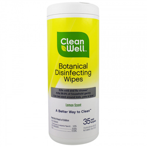 CleanWell, Дезинфицирующие влажные салфетки с растительным компонентом, лимонный аромат, 35 влажных салфеток, 7 х 8 в (117. см х 20,3 см)