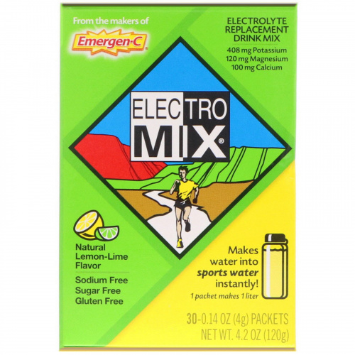 Emergen-C, Electro Mix, электролитная смесь для напитков, натуральный лимон-лайм, 30 пакетиков, 0,14 унц.) (4 г) в каждом