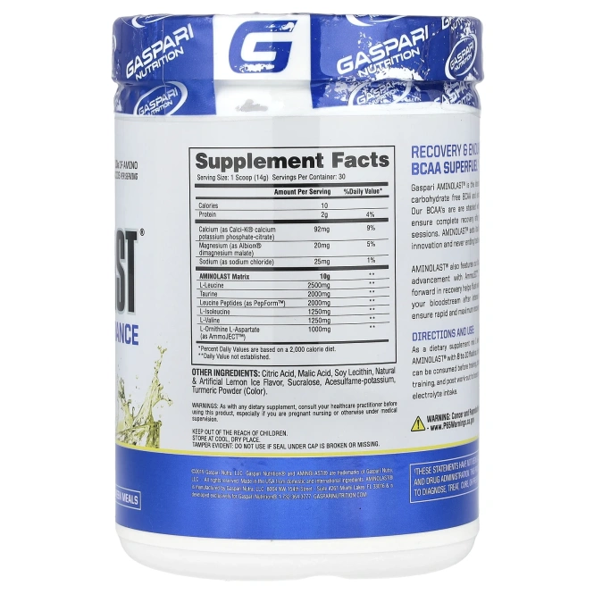 Gaspari Nutrition, Aminolast, Супертопливо BCAA, восстановление и выносливость, лимонный лед, 14,8 унц. (420 г)
