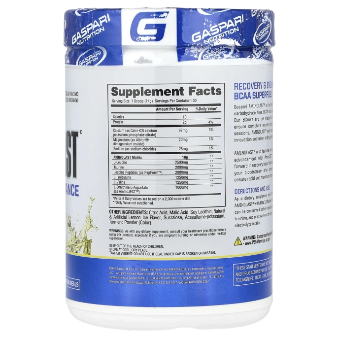 Gaspari Nutrition, Aminolast, Супертопливо BCAA, восстановление и выносливость, лимонный лед, 14,8 унц. (420 г)