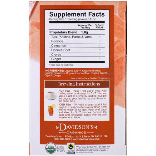 Davidson's Tea, Tulsi, Organic, Rooibos Chai, Caffeine-Free, 25 Tea Bags, 1.58 oz (45 g)