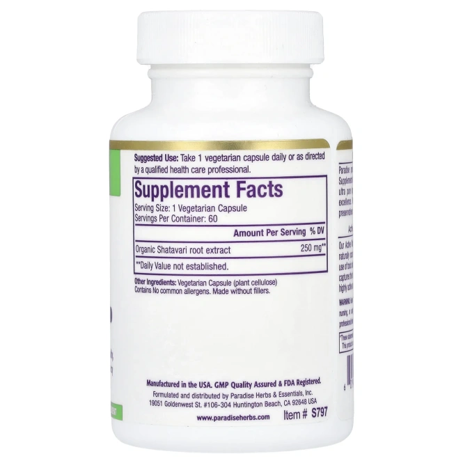 Paradise Herbs, Organics, шатавари, 60 растительных капсул