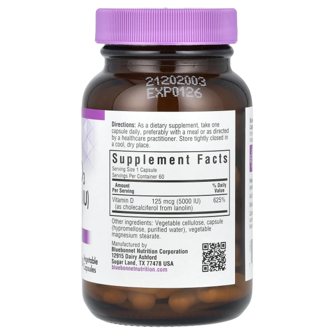 Bluebonnet Nutrition, Vitamin D3, 5000 МЕ, 60 Vegetable Capsules
