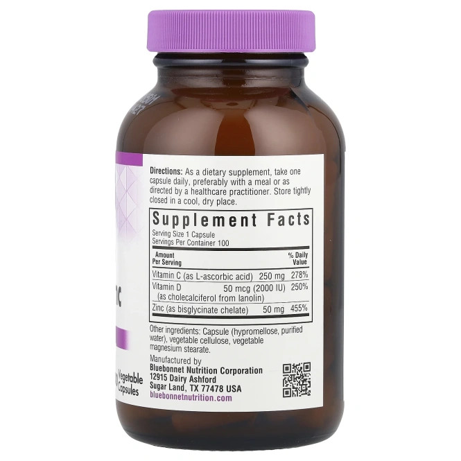 Bluebonnet Nutrition, витамины C, D3 и цинк, 100 растительных капсул
