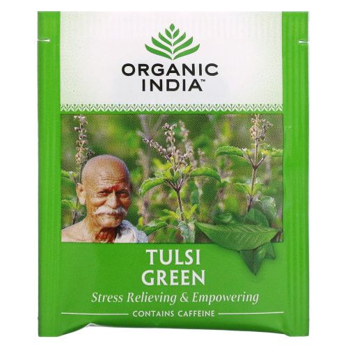 Organic India, Чай Tulsi Священный базалик, Зеленый чай, 18 пакетиков для настаивания, 1.21 унций (32.2 г)