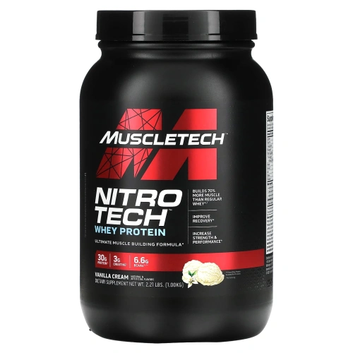 Muscletech, Nitro Tech, сывороточный изолят + смесь для роста сухой мышечной массы, ванильный вкус, 907 г (2 фунта)