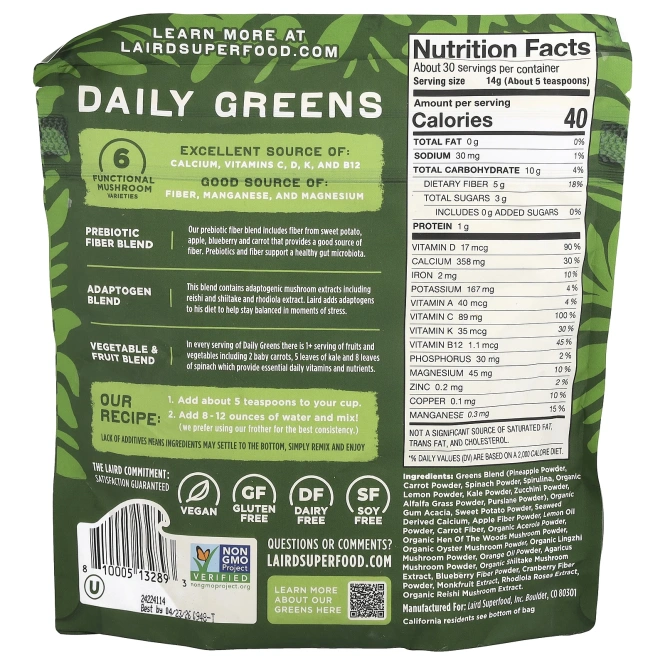 Laird Superfood, Пребиотик Daily Greens, 420 г (14,8 унции)
