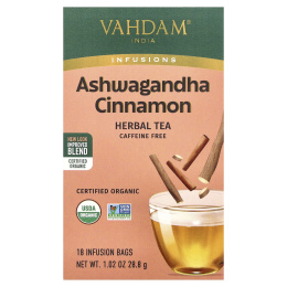 VAHDAM India, Infusions, травяной чай, ашваганда и корица, без кофеина, 18 пакетиков для заваривания, 28,8 г (1,02 унции)