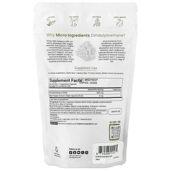 Micro Ingredients, DIM с экстрактом черного перца, 240 вегетарианских капсул