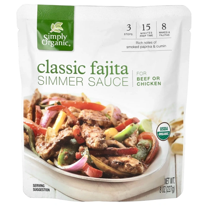 Simply Organic, классический соус фахита для тушения говядины или курицы, 227 г (8 унций)