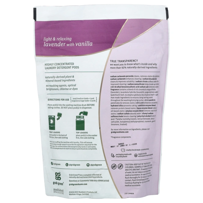 Grab Green, Стиральный порошок в таблетках 3 в 1, лаванда, на 24 загрузки, 15,2 унции (432 г)