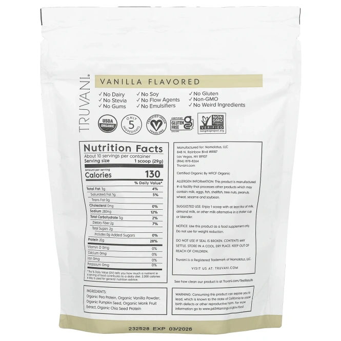 Truvani, Растительный протеин, ваниль, 297 г (0,65 фунта)