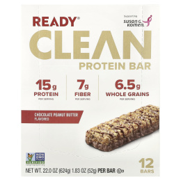 Ready, Clean Protein Bar, шоколадно-арахисовая паста, 12 батончиков, 52 г (1,83 унции)