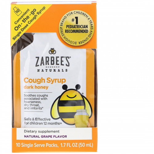 Zarbee's, Детский сироп от кашля с темным медом, упаковка для приема на ходу, натуральный виноградный вкус, 10 одноразовых пакетиков, 0,2 ж. унц. (5 мл) каждый