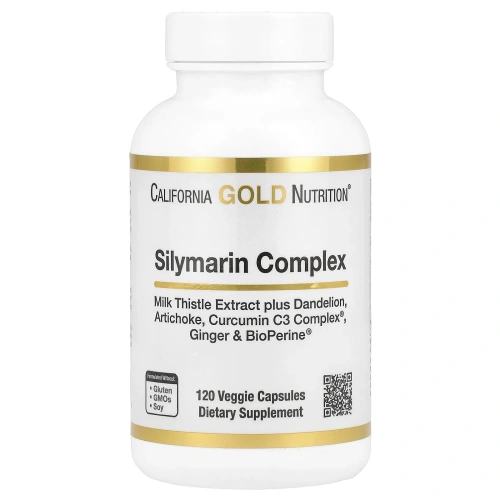 Силимарин для печени California Gold Nutrition с экстрактом куркумы и расторопши, артишоком, одуванчиком и биоперином, 300 мг, 120 вегакапсул