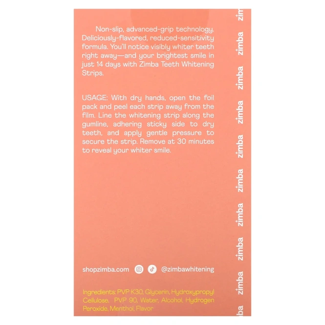 Zimba, полоски для отбеливания зубов, персик, 14 шт.
