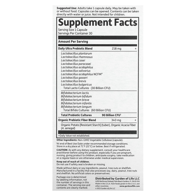 Garden of Life, Dr. Formulated Probiotics, пробиотики, для приема один раз в день, 90 млрд бактерий, 30 вегетарианских капсул