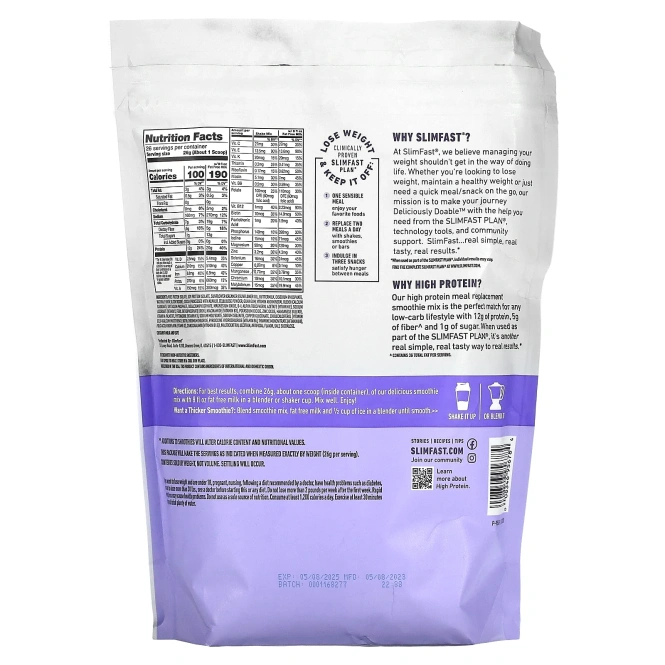 SlimFast, протеиновая смесь для смузи, заменяющая прием пищи, со вкусом шоколада, 676 г (1,49 фунта)