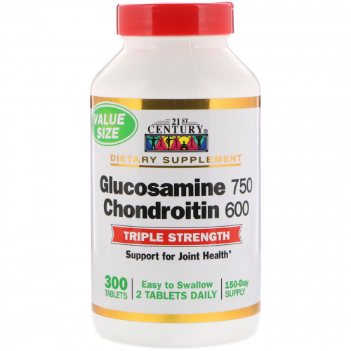 21st Century, Глюкозамин 750 Хондроитин 600, тройная сила, 300 (простых в употреблении) таблеток