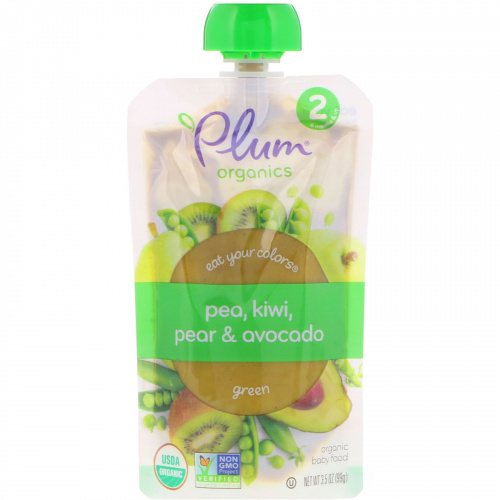 Plum Organics, Stage 2, Eat Your Colors, Green, Pea, Kiwi, Pear & Avocado, 3.5 oz (99 g)