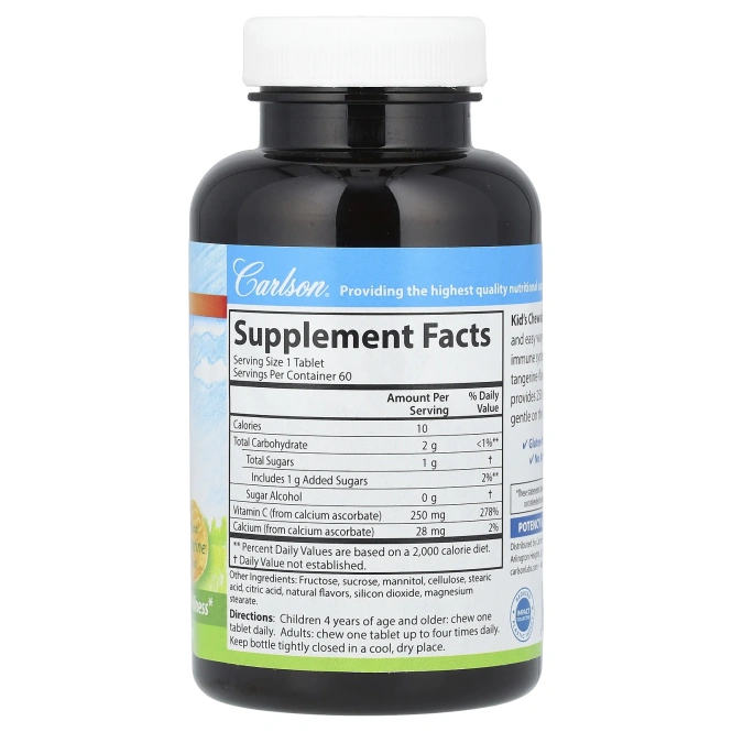 Carlson Labs, Kids, Жевательный витамин C, Натуральный мандариновый вкус, 250 мг, 60 таблеток